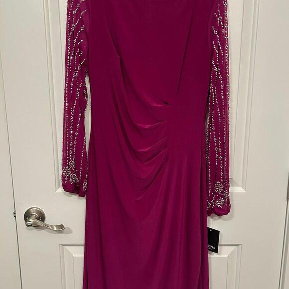 Marina Beaded Mesh Long Sleeve Side Drape Dress Size 8 - Picture 2 of 9